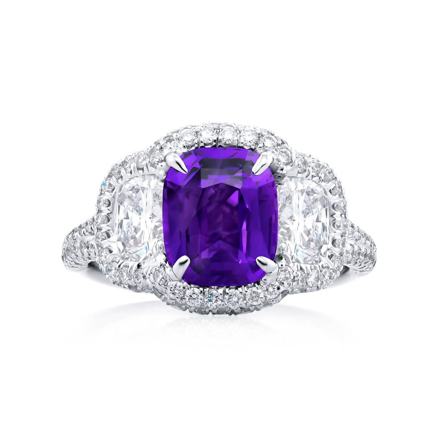 Platinum Cushion-Cut Purple Sapphire Certified Micro Pave Ring