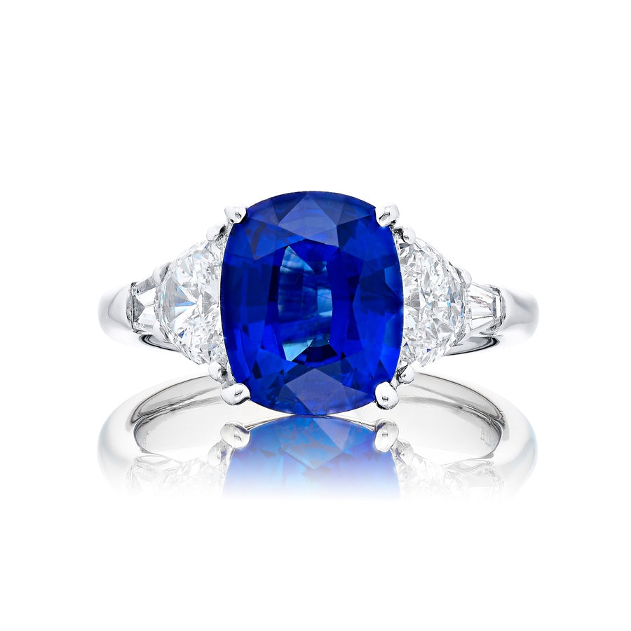 3.95 ct. Cushion-Cut Sapphire with Half-Moon & Tapered Baguette Diamonds in Platinum