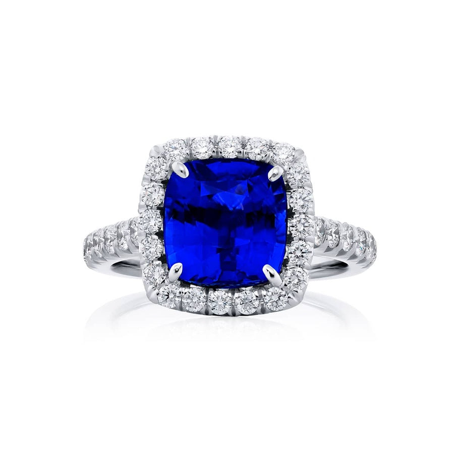 Platinum Cushion-Cut No-Heat Sapphire Certified Micro Pave Ring