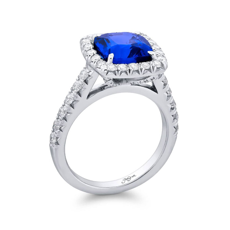 Platinum Cushion-Cut No-Heat Sapphire Certified Micro Pave Ring