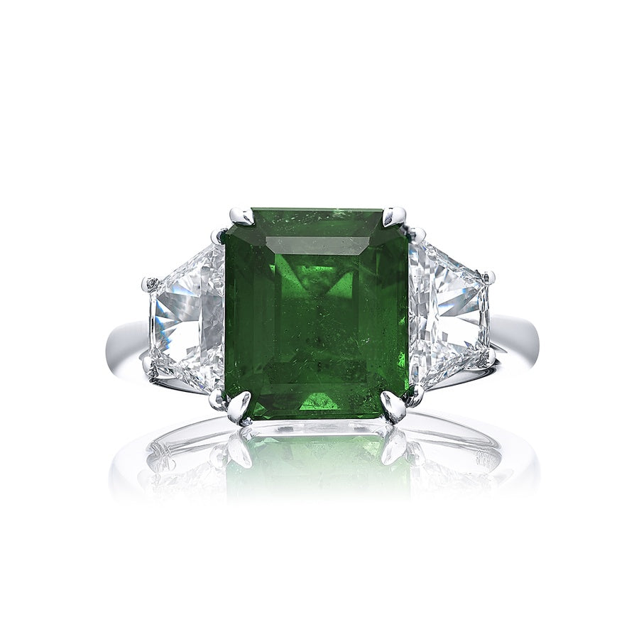 4.00 ct. Certified Vivid Green Emerald-Cut Emerald and Diamond Ring in Platinum