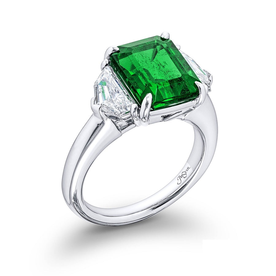 4.34 ct Certified Vivid Green Emerald & Diamond Ring | Emerald-Cut Emerald with Epaulet Diamonds in Platinum | Breathtaking Radiance by Jb Star