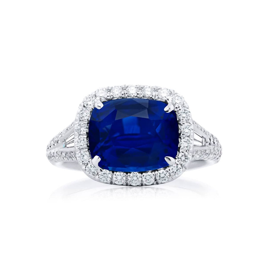 Platinum Cushion-Cut Sri Lankan Vivid Sapphire Certified Micro Pave Ring