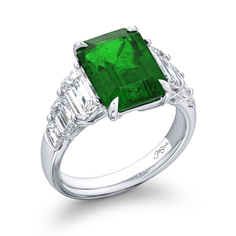 Platinum Emerald-Cut Vivid Emerald Certified Ring