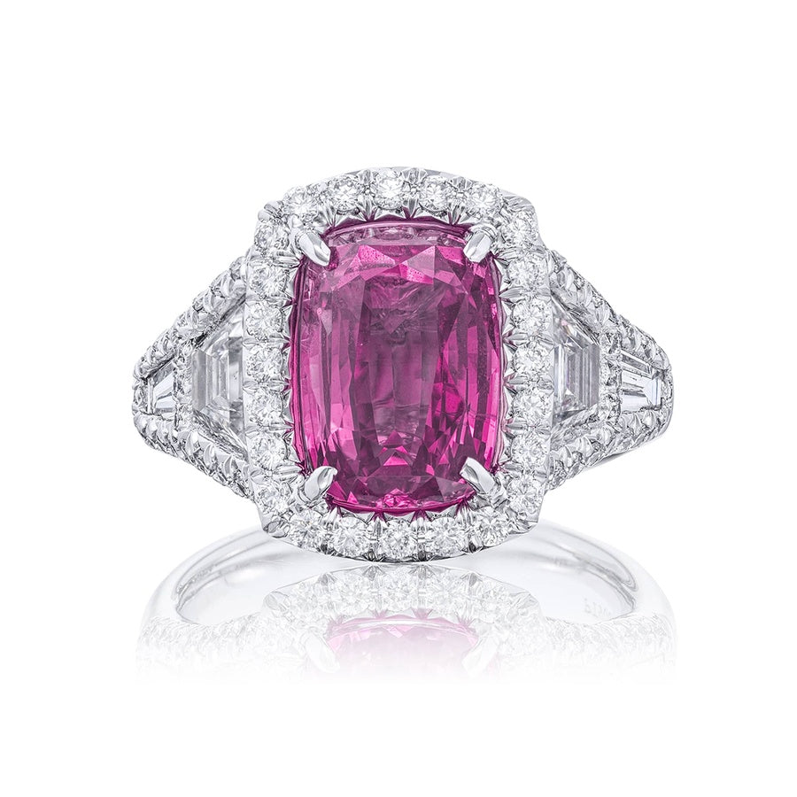 Platinum Emerald-Cut No-Heat Pink Sapphire Certified Micro Pave Ring