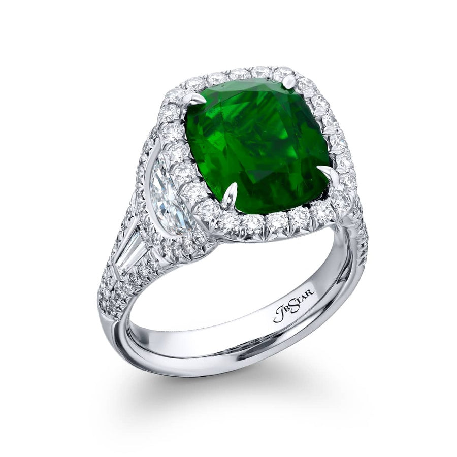 Platinum Cushion-Cut Sri Lankan Emerald Certified Micro Pave Ring
