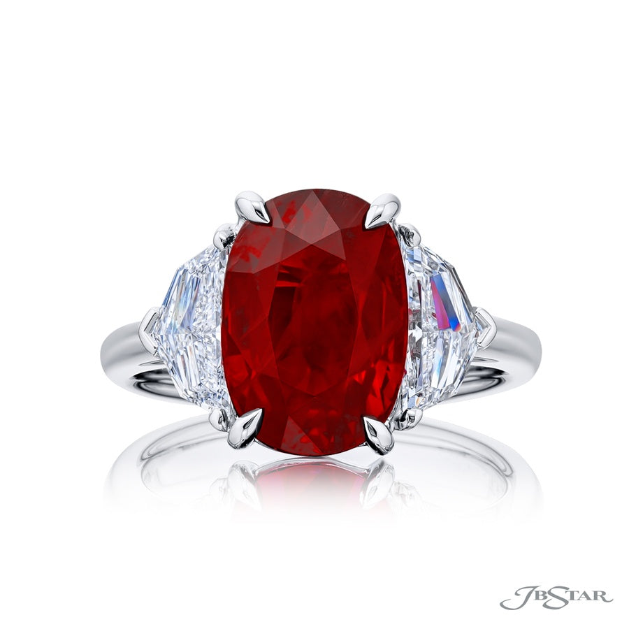 6.08 ct GRS Certified Burmese Ruby & Diamond Ring | Vivid-Red Cushion-Cut Ruby with Epaulet Diamonds in Platinum