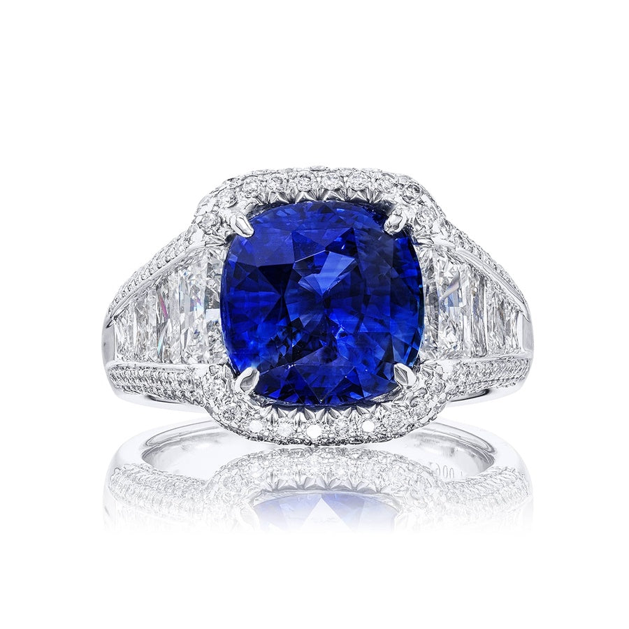 Platinum Cushion-Cut Sri Lankan Vivid Sapphire Certified Micro Pave Ring