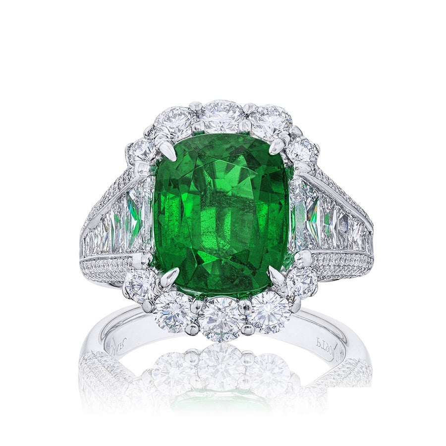 Platinum Cushion-Cut Vivid Emerald Certified Micro Pave Ring