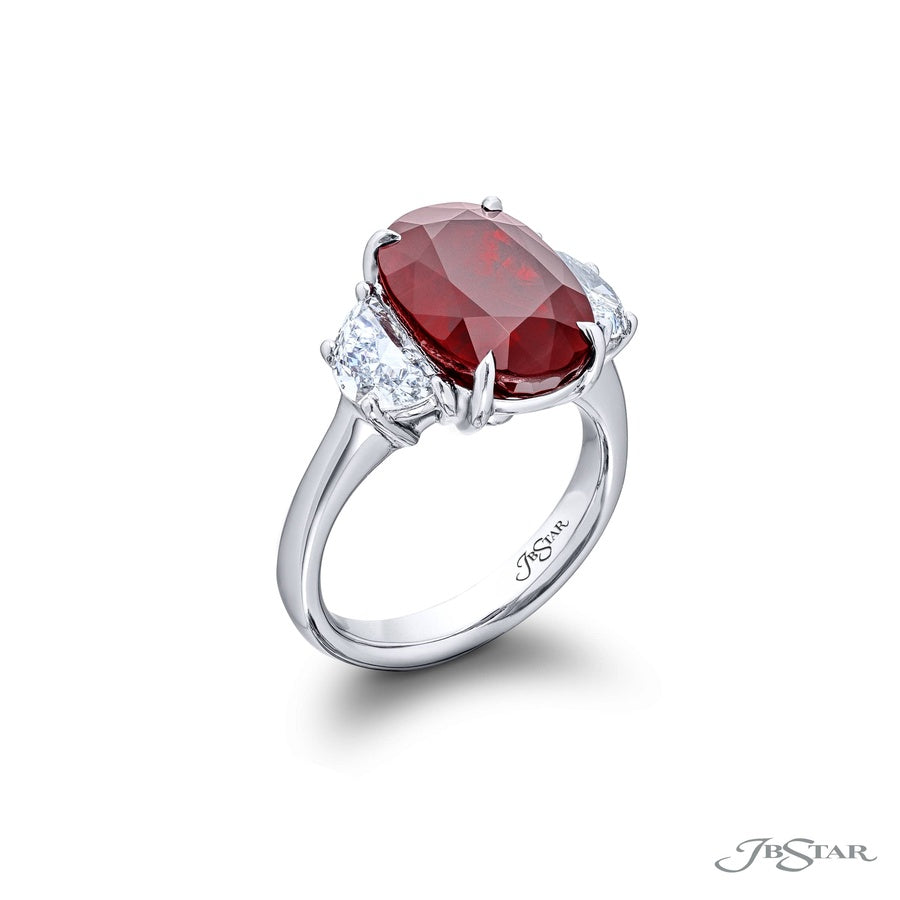 8.01 ct. Certified Burmese Vivid-Red Oval Ruby and Epaulette Diamond Ring in Platinum