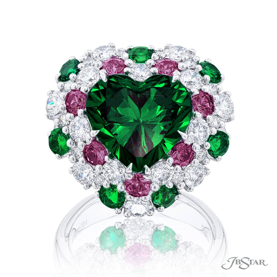 5.76 ct. Heart-Shaped Emerald & Diamond Ring with Pink Sapphire Accents in Platinum
