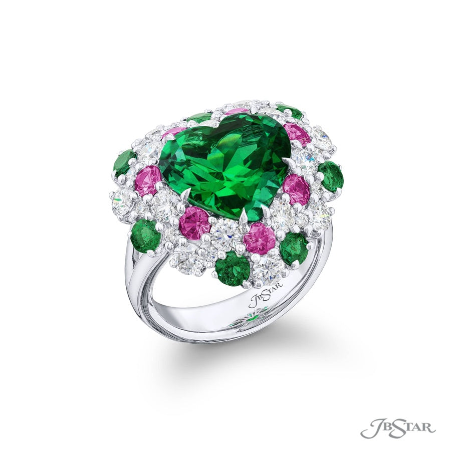 5.76 ct. Heart-Shaped Emerald & Diamond Ring with Pink Sapphire Accents in Platinum