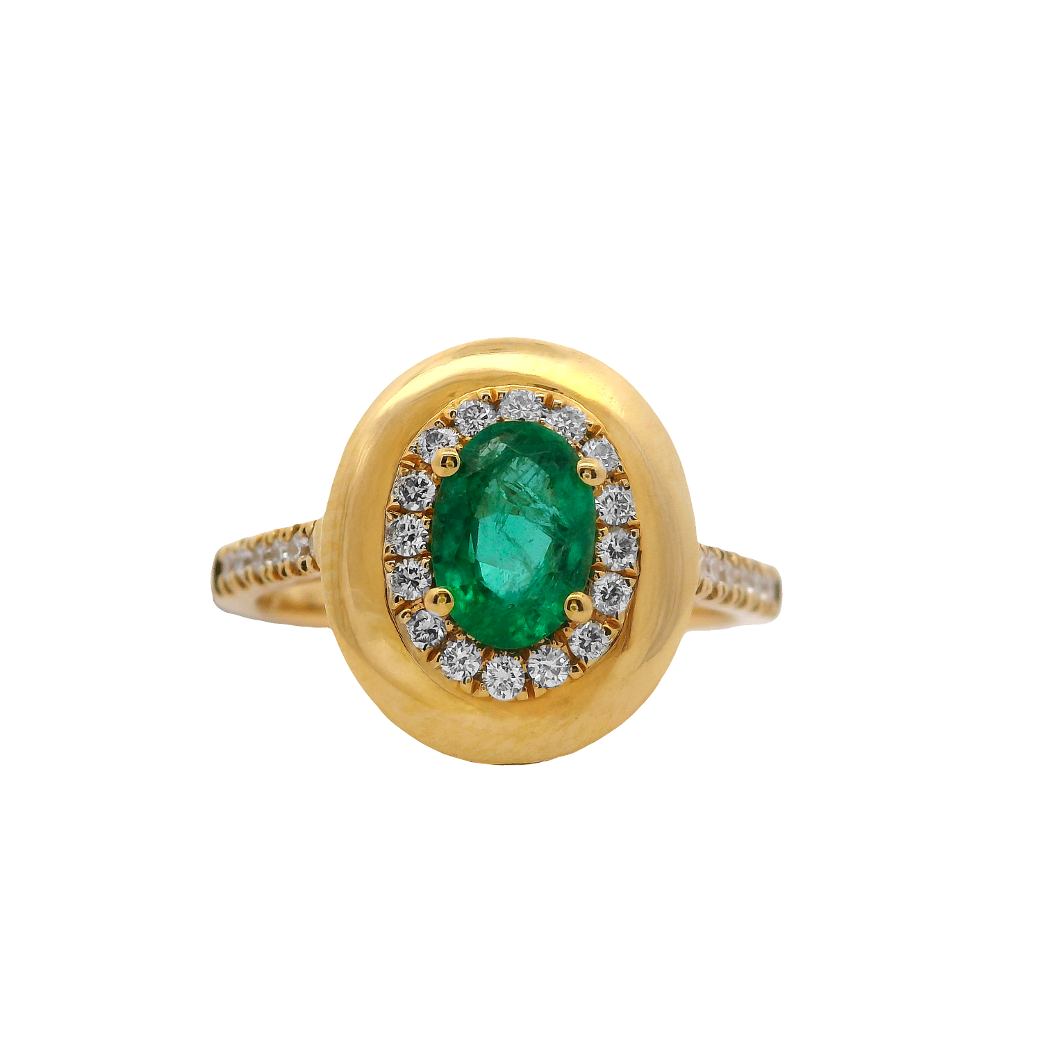 Oval Emerald Ring with Diamond Halo and Gold Frame