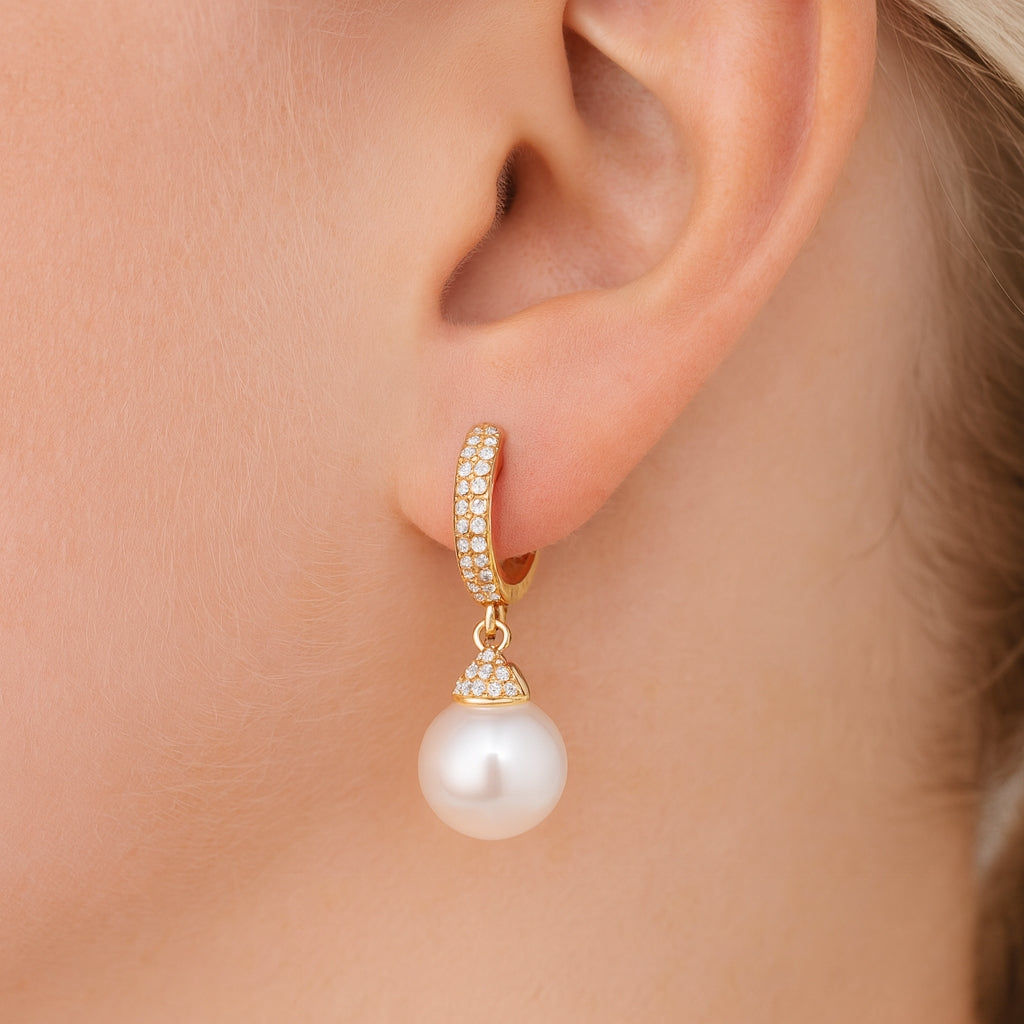 South Sea Pearl Earrings with Pavé Diamond Hoops