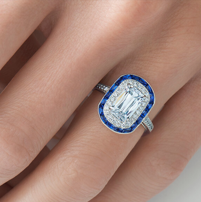 Ashoka Diamond Ring with Sapphire and Diamond Double Halo