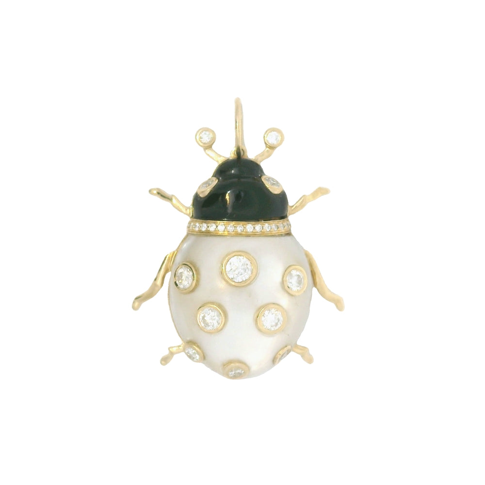 Mother of Pearl Beetle Pendant with Bezel Diamonds and Black Onyx