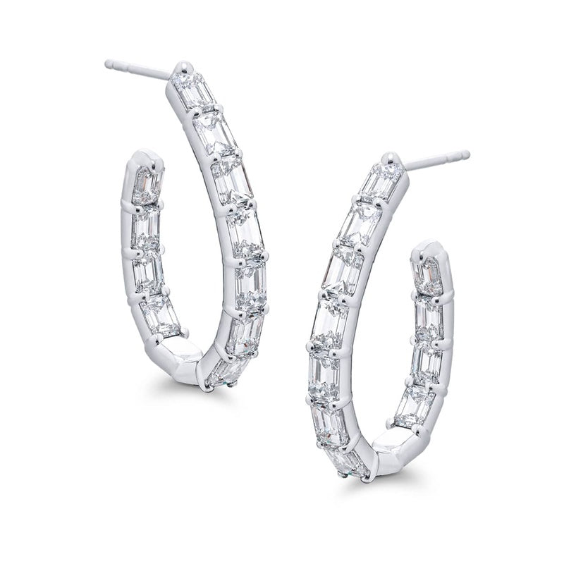 Platinum Emerald-Cut Diamond Hoop Earrings