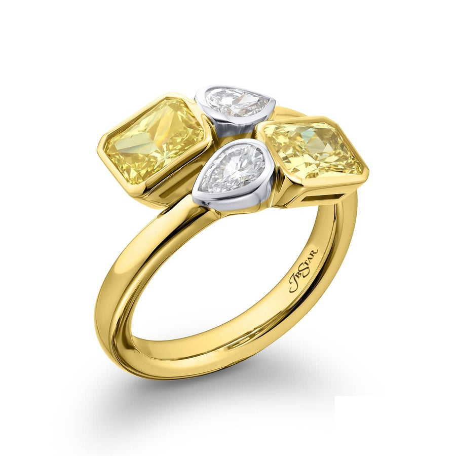 Dazzling Brilliance: GIA Certified Bezel Twogether Diamond Ring  Radiant-Cut Fancy Yellow Diamonds with Pear-Shaped Accents in 18K Yellow Gold