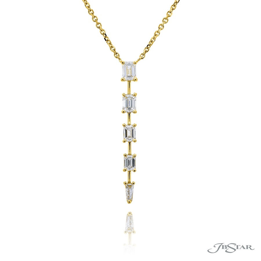Exquisite Style: Our Unique Diamond Drop Pendant  Emerald-Cut Diamonds & Tapered Baguette Diamonds in 18KY Gold