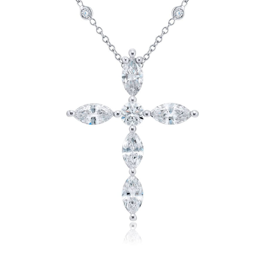 Exquisite Style: Timeless Diamond Cross Pendant  Marquise Diamonds Encircling a Round Diamond in Pure Platinum