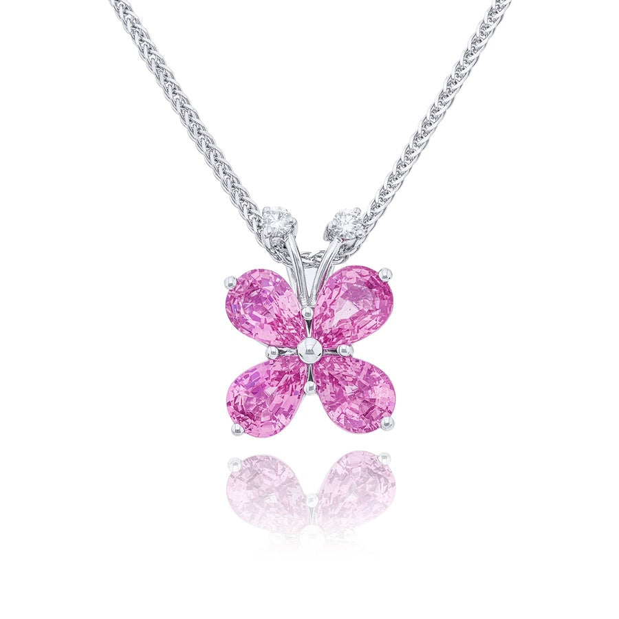 Platinum Pear-Shaped Pink Sapphire and Round Diamond Certified Butterfly Pendant