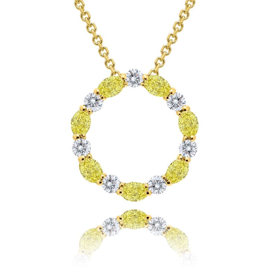 18K Yellow Gold Oval Fancy Yellow Diamond and Round Diamond Circle Pendant