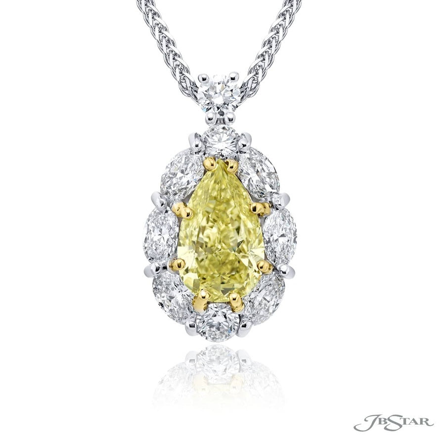 Exquisite Style: Timeless 1.92 ct. GIA-Certified Encircled Fancy Yellow Diamond Pendant ? Pear-Shaped Fancy Yellow Diamond with Round & Oval Diamonds in Pure Platinum