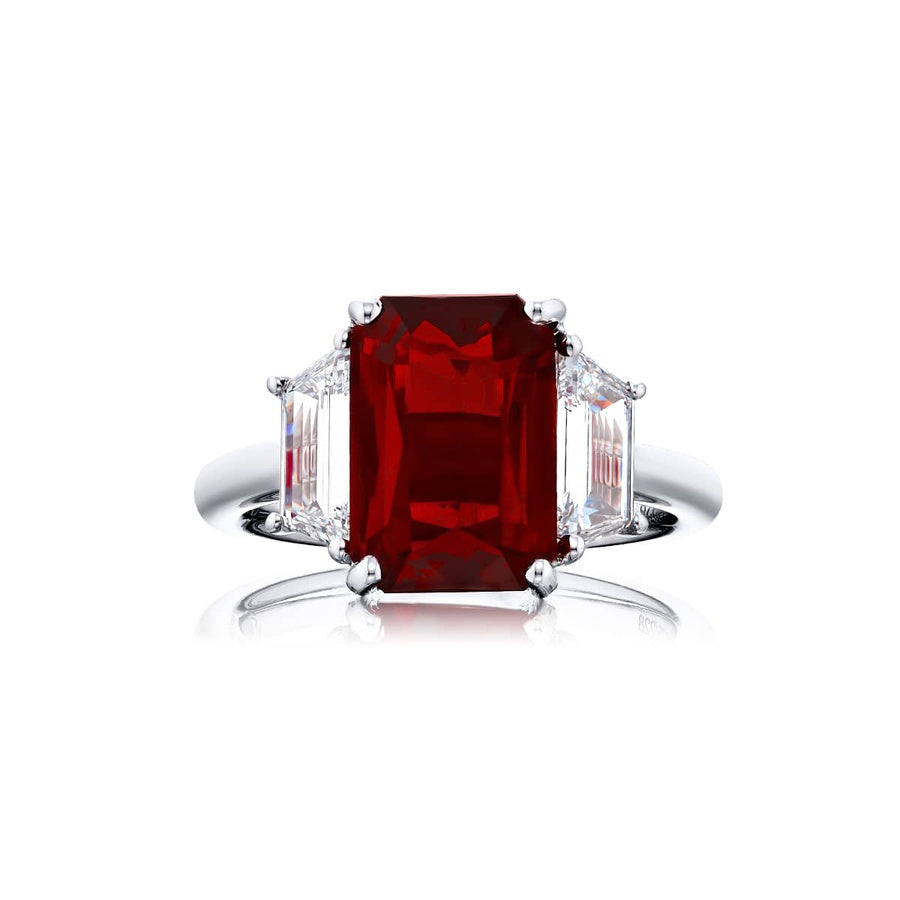 Platinum Emerald-Cut No-Heat Thai Vivid Ruby Certified Ring