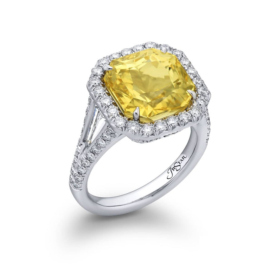 Platinum Radiant-Cut No-Heat Sri Lankan Yellow Sapphire Certified Micro Pave Ring