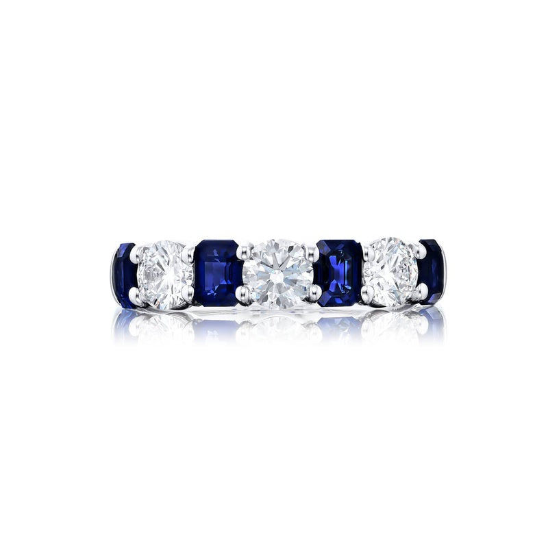 Platinum Emerald-Cut Sapphire and Round Diamond Single-Row Band