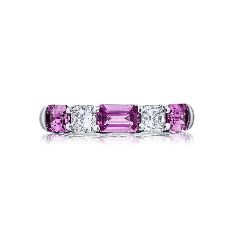 Platinum Emerald-Cut Pink Sapphire and Square Emerald-Cut Diamond Single-Row Band