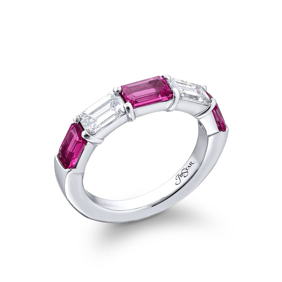 Platinum Emerald-Cut Pink Sapphire and Diamond Single-Row Band