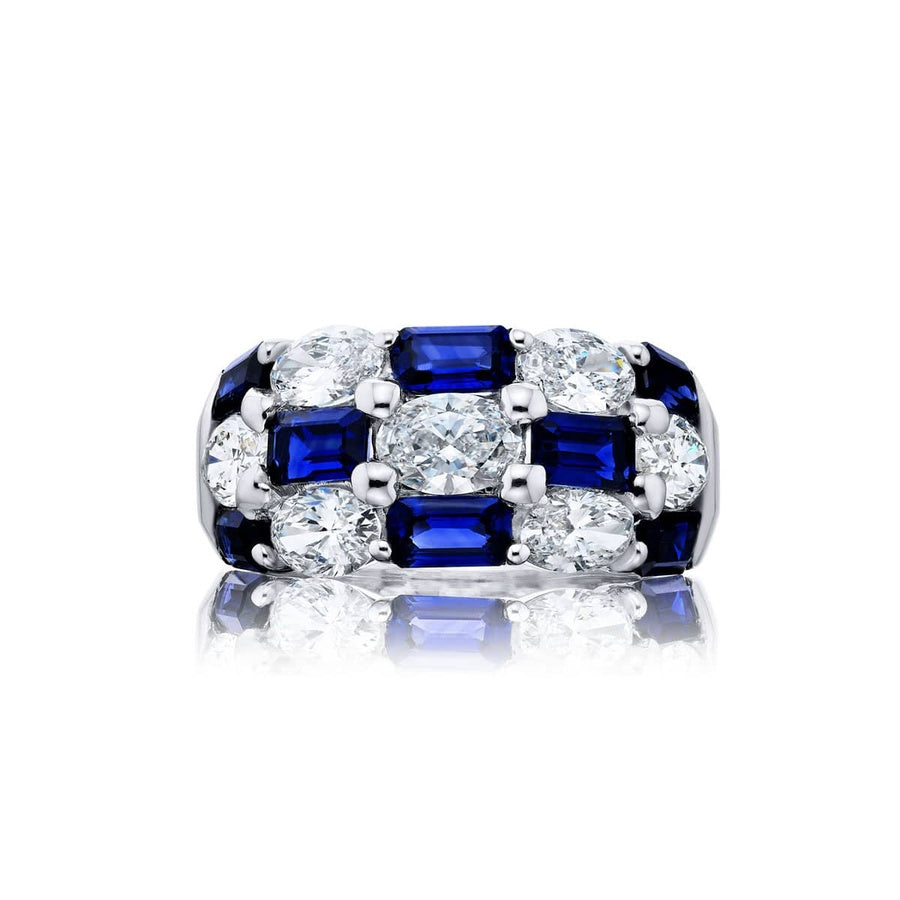 Platinum Emerald-Cut Sapphire and Oval Diamond Three-Row Band