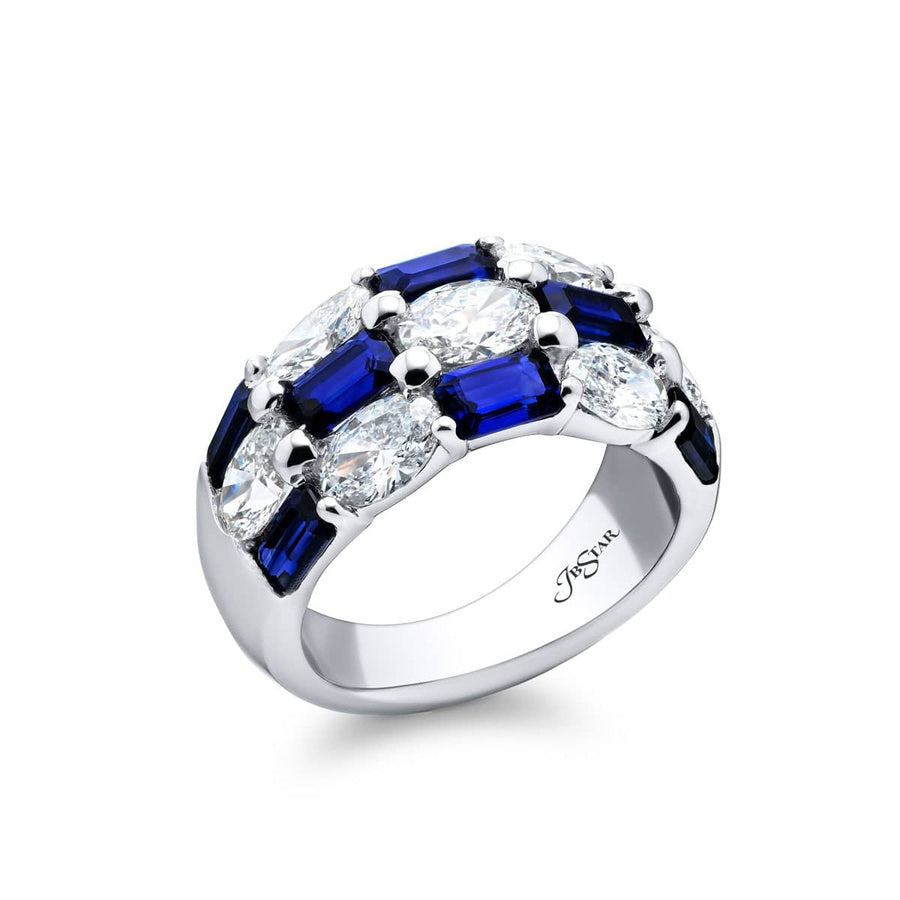 Platinum Emerald-Cut Sapphire and Oval Diamond Three-Row Band