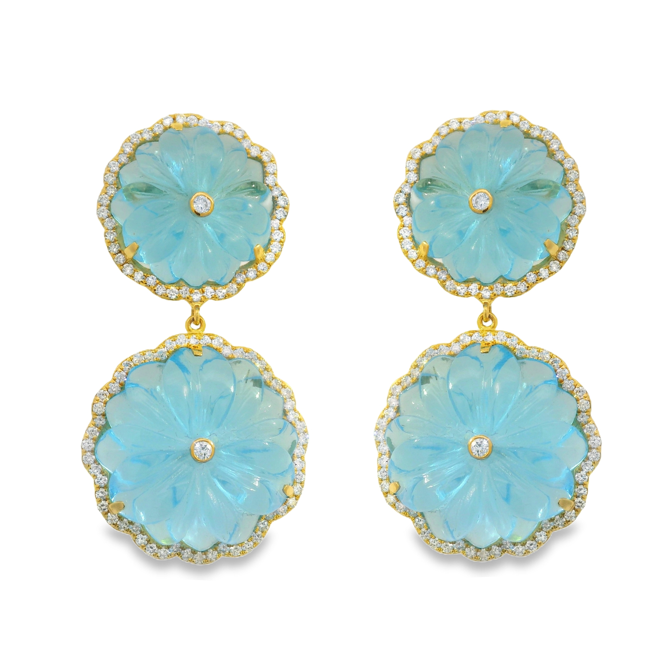 Carved Blue Topaz and Pavé Diamond Double Flower Drop Earrings