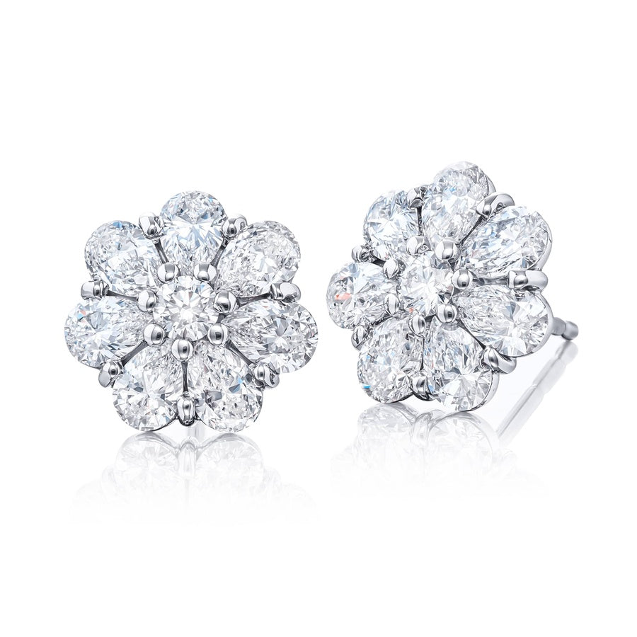 Platinum Pear-Shaped and Round Diamond Floral Stud Earrings