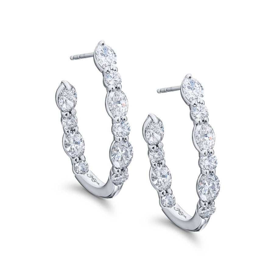 Platinum Oval and Round Diamond Hoop Earrings
