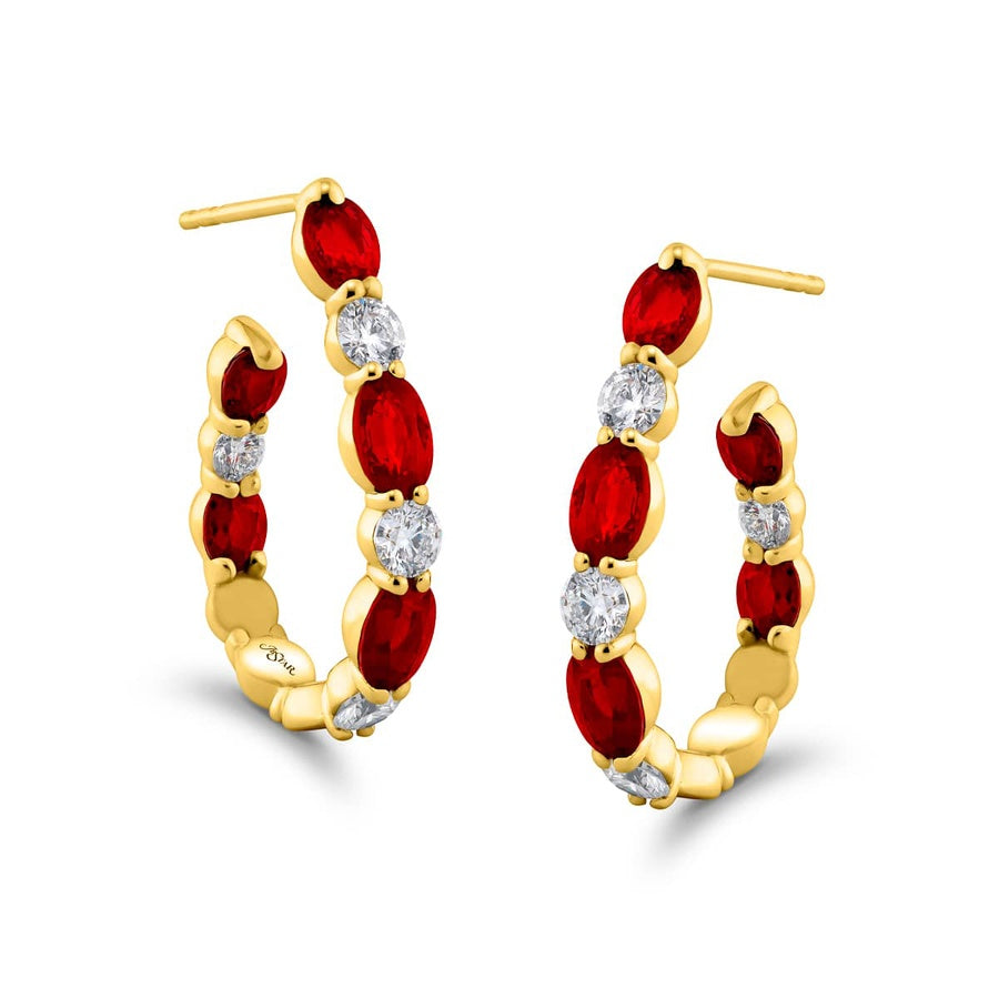 18K Yellow Gold Oval Ruby and Diamond Hoop Earrings
