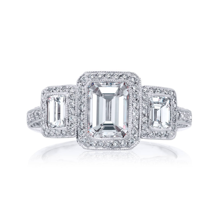Platinum Emerald-Cut Diamond GIA Certified Micro Pave Engagement Ring