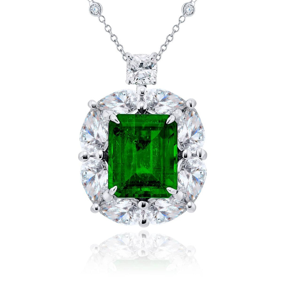 Exquisite Style: Our 3.60 ct. Certified Encircled Emerald Pendant with Pear-Shaped & Cushion-Cut Diamonds in Pure Platinum