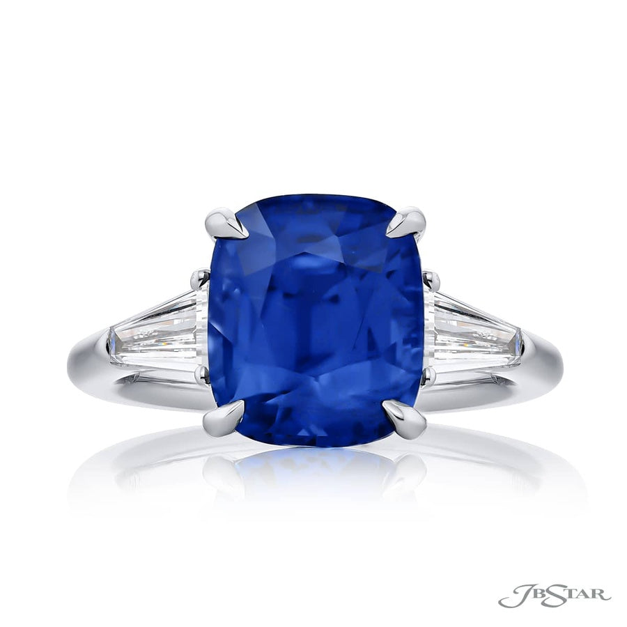 4.77 ct. Certified Vivid Cushion-Cut Sapphire & Tapered Baguette Diamond Ring in Platinum