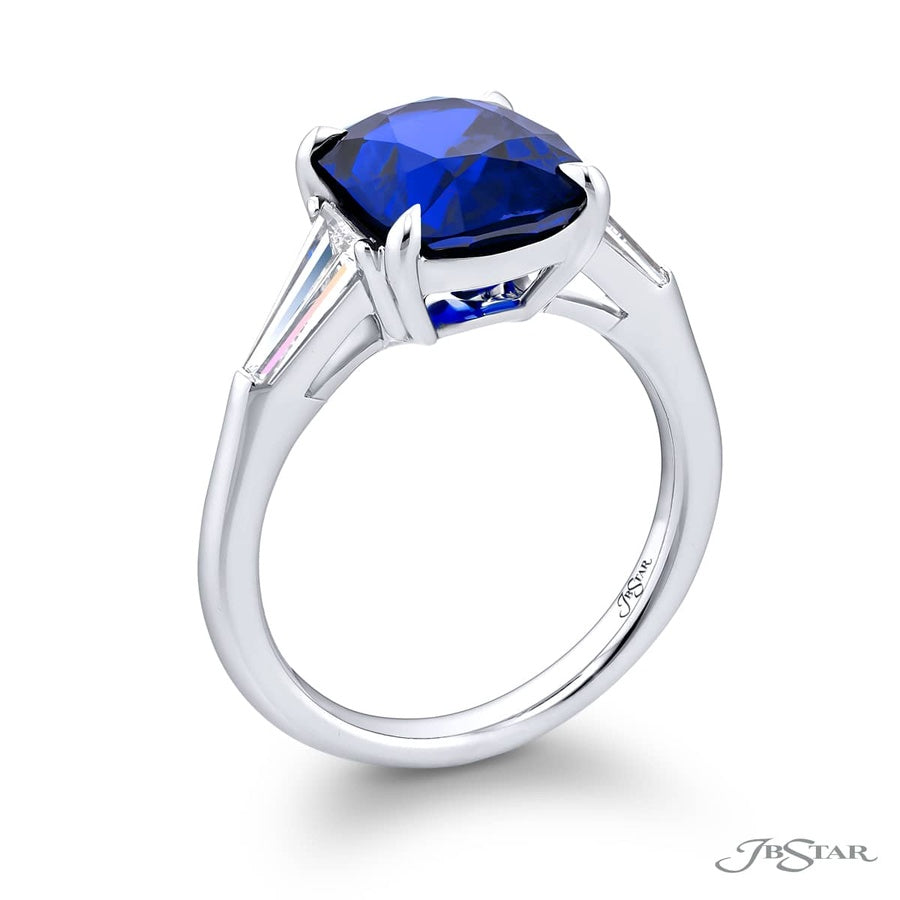4.77 ct. Certified Vivid Cushion-Cut Sapphire & Tapered Baguette Diamond Ring in Platinum