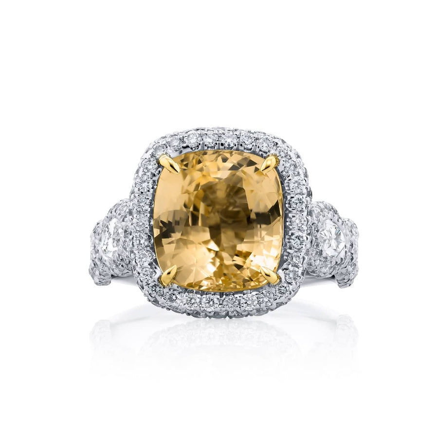 Platinum and 18K Yellow Gold Cushion-Cut No-Heat Yellow Sapphire Certified Micro Pave Ring