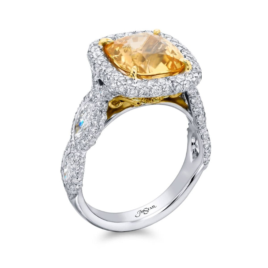 Platinum and 18K Yellow Gold Cushion-Cut No-Heat Yellow Sapphire Certified Micro Pave Ring