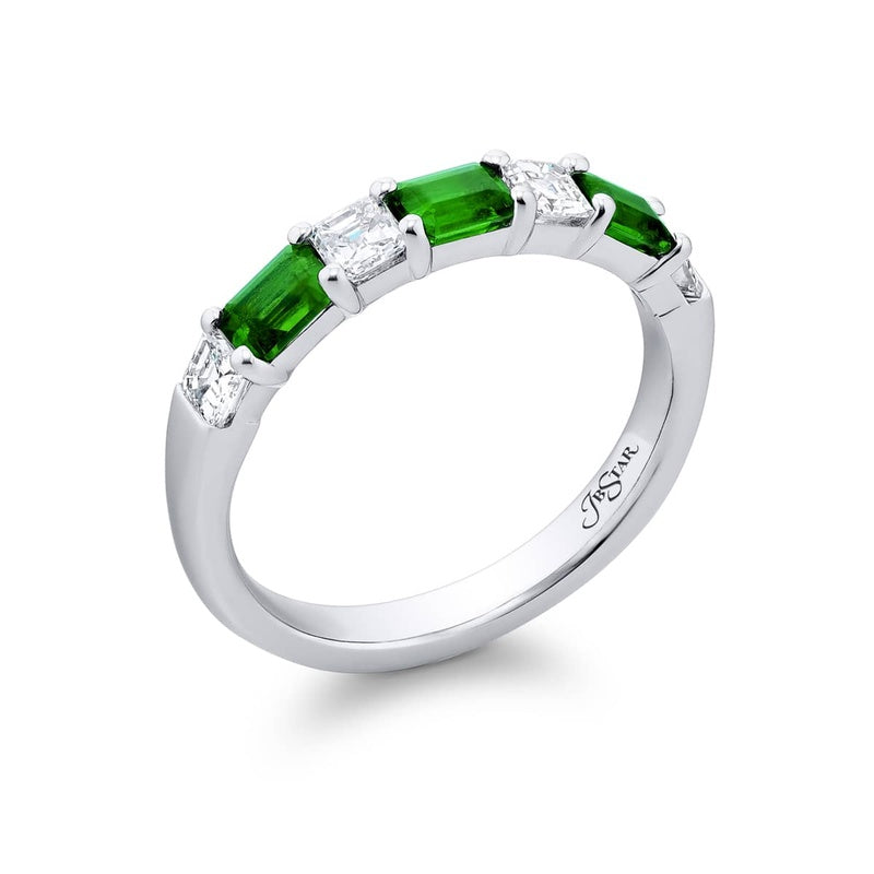 Platinum Emerald-Cut Emerald and Diamond East-West Band