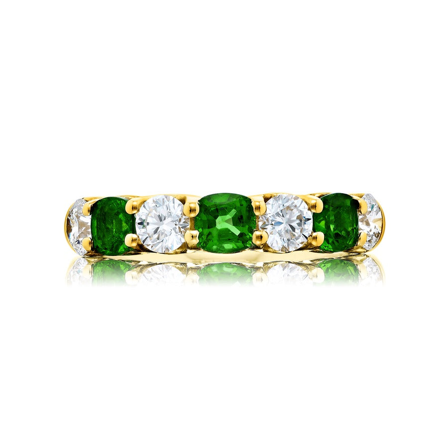 18K Yellow Gold Cushion-Cut Emerald and Round Diamond Single-Row Band