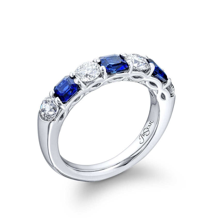 Platinum Square Emerald-Cut Sapphire and Round Diamond Single-Row Band