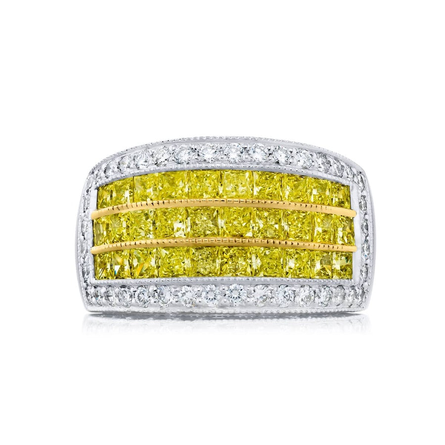 Platinum and 18K Yellow Gold Round Fancy Yellow Diamond Single-Row Micro Pave Band