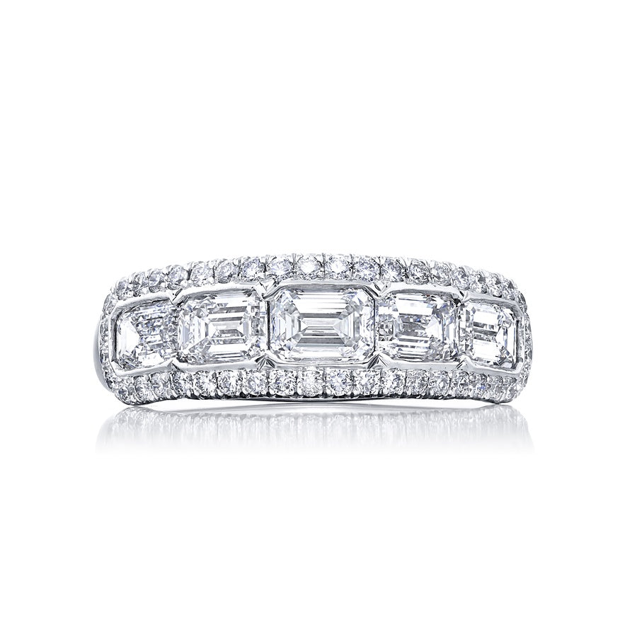 Platinum Emerald-Cut Diamond Single-Row Bezel Set Micro Pave East-West Band
