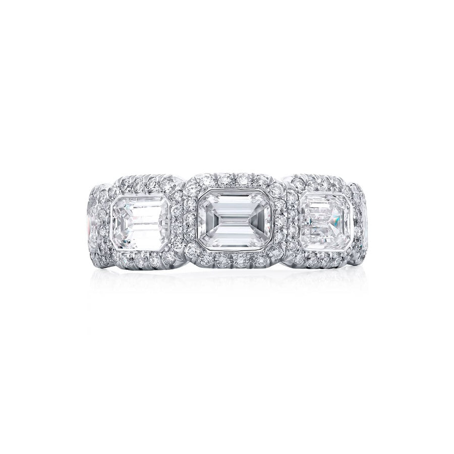 Platinum Emerald-Cut Diamond Single-Row Bezel Set Micro Pave East-West Band